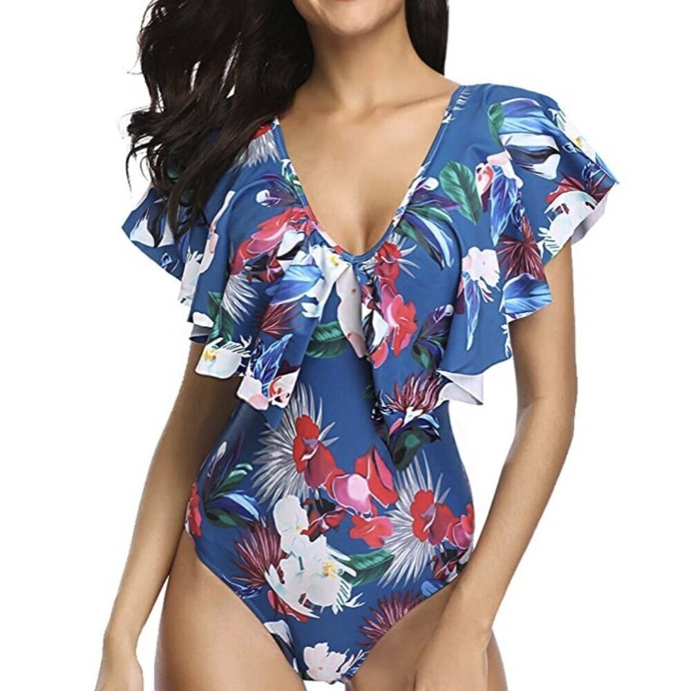 Tempt Me One Piece Flounce Ruffle Swimsuit Deep V Neck Plunge XL 16 New